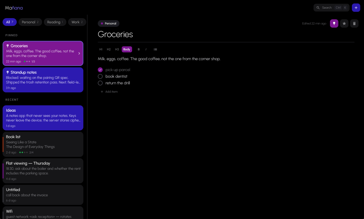 Mañana desktop app: folder chips, pinned and recent notes, editor open beside them