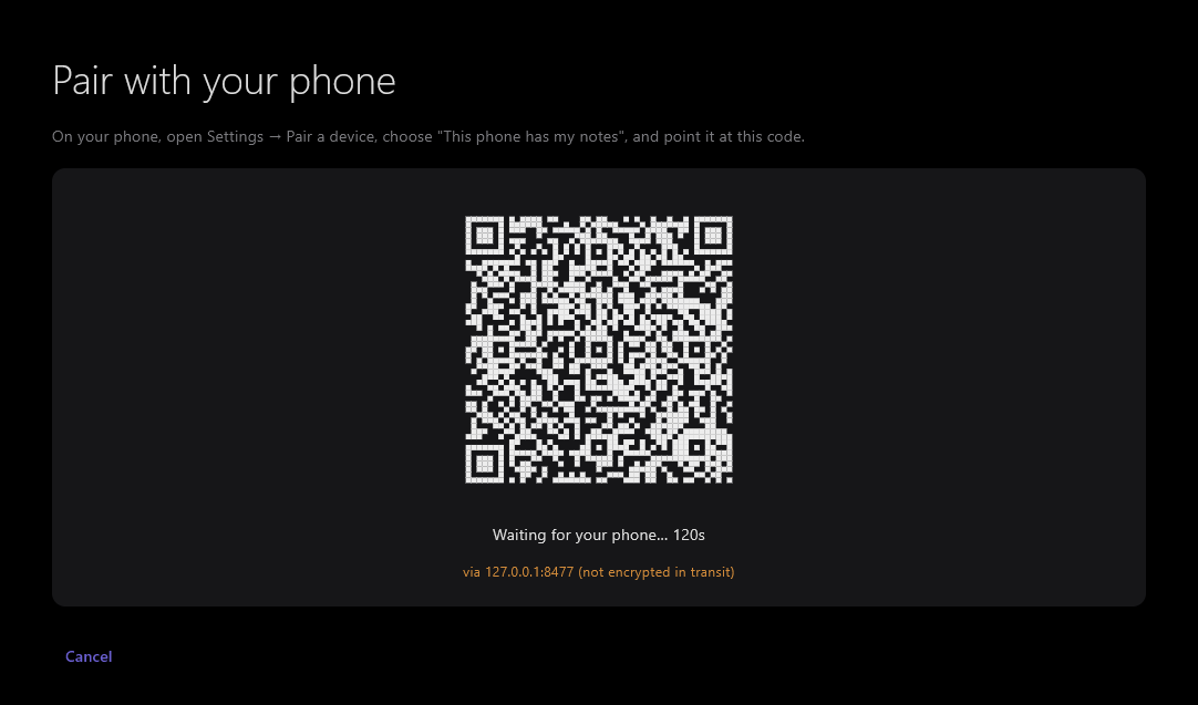 Pairing screen showing a QR code and a countdown