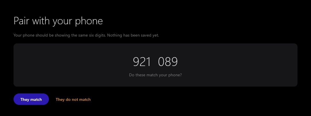 Pairing confirmation screen showing six digits, 921 089