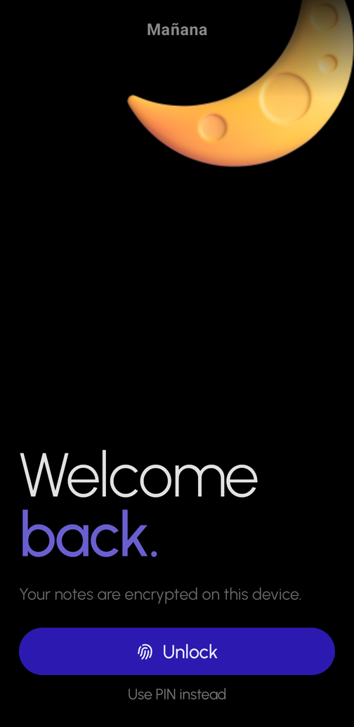 Mañana on Android: the unlock screen, crescent moon above Welcome back